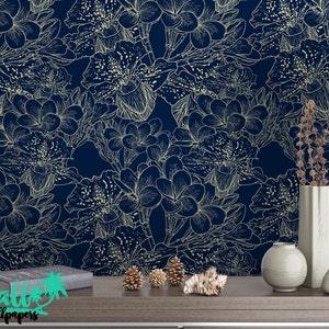 Poppy Flower Pattern Wallpaper - Removable Wallpaper - Blue and White Poppy Flower Wallpaper - Exotic Wall Sticker - Tropical Wallpaper
