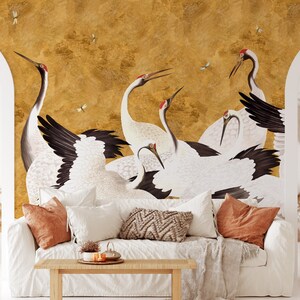 Golden Cranes Wallpaper, Removable Peel and Stick Mural, Japanese Heron