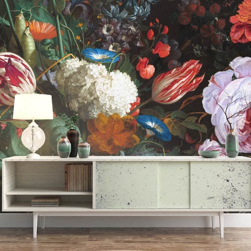 Dutch Floral Wallpaper Peel and Stick Dark Peony Flowers Wall Etsy