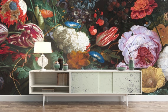 Dark Floral Oil Painting Mural, Dutch Painting Wallpaper, Dark  
