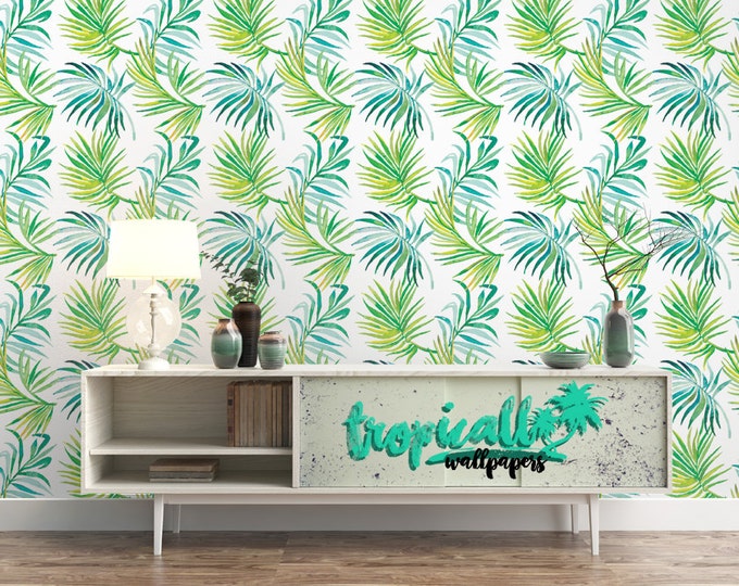 Palm Leaves Pattern Wallpaper - Removable Wallpaper - Tropical Plants and Flower Wallpaper - Exotic Wall Sticker - Tropical Wallpaper