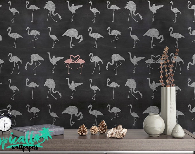 Flamingo Chalk Wallpaper - Removable Wallpapers - Flamingo Print Wallpaper - Self Adhesive Wall Decal - Temporary Peel and Stick Wall Art