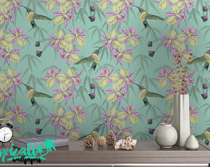 Hummingbird Pattern Wallpaper - Removable Wallpaper - Tropical Flower and Birds Wallpaper - Exotic Wall Sticker - Tropical Wallpaper