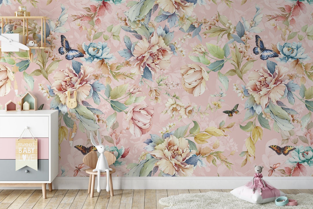 Pink Watercolor Floral Wallpaper With Butterfly Mural - Peel and Stick ...