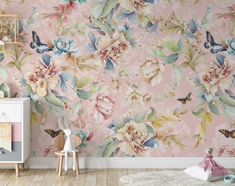 Floral Wallpaper Pink - Kids Girl Wallpaper - Watercolor Flowers Mural - Peel and Stick Removable Wallpaper - Spring Flowers and Butterfly