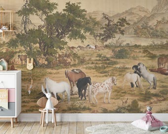 Vintage Horse Wallpaper | Equestrian Landscape Wall Mural Peel and Stick