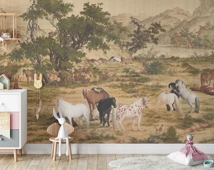 Vintage Horse Wallpaper | Equestrian Landscape Wall Mural Peel and Stick