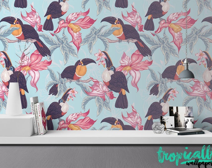 Toucan Wallpaper - Removable Wallpapers - Toucan Birds Floral Print Wallpaper - Self Adhesive Wall Decal - Temporary Peel and Stick Wall Art