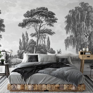 Pines Forest Landscape Wallpaper, Removable Wallpaper or Non-Woven Wallpaper Mural, Peel and Stick,  Grisaille Pines and Cypress Tree Design