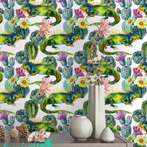 Watercolor Cactus and Lizard Pattern Wallpaper - Carta da parati rimovibile - Lizard Cactus Wallpaper - Exotic Wall Sticker - Tropical Wallpaper