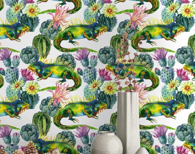 Watercolor Cactus and Lizard Pattern Wallpaper - Removable Wallpaper - Lizard Cactus Wallpaper - Exotic Wall Sticker - Tropical Wallpaper