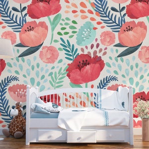 Papier peint vintage de fleurs de pavot, Autocollant amovible, Aquarelle fleurs pour chambre d’enfant, Autocollant mural réutilisable, Fresque murale repositionnable pour enfants