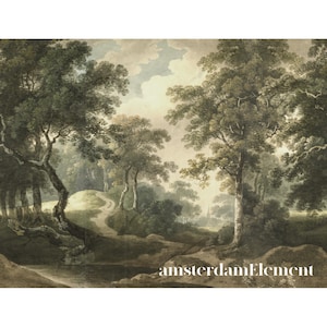 Landschaftsbild, Vintage Landschaftstapete, Abnehmbare Tapete, Schälen und Aufkleben, Malerisches Waldland, Aquarellmalerei-Wand-Papier