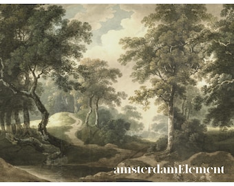Landscape Mural, Vintage Landscape Wallpaper, Removable Wallpaper, Peel and Stick, Scenic Woodland, Watercolor Painting Wall Paper
