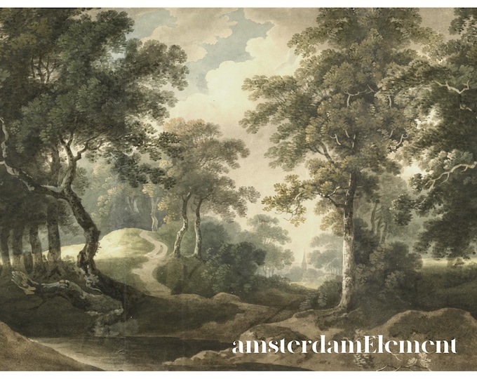 Landscape Mural, Vintage Landscape Wallpaper, Removable Wallpaper, Peel and Stick, Scenic Woodland, Watercolor Painting Wall Paper