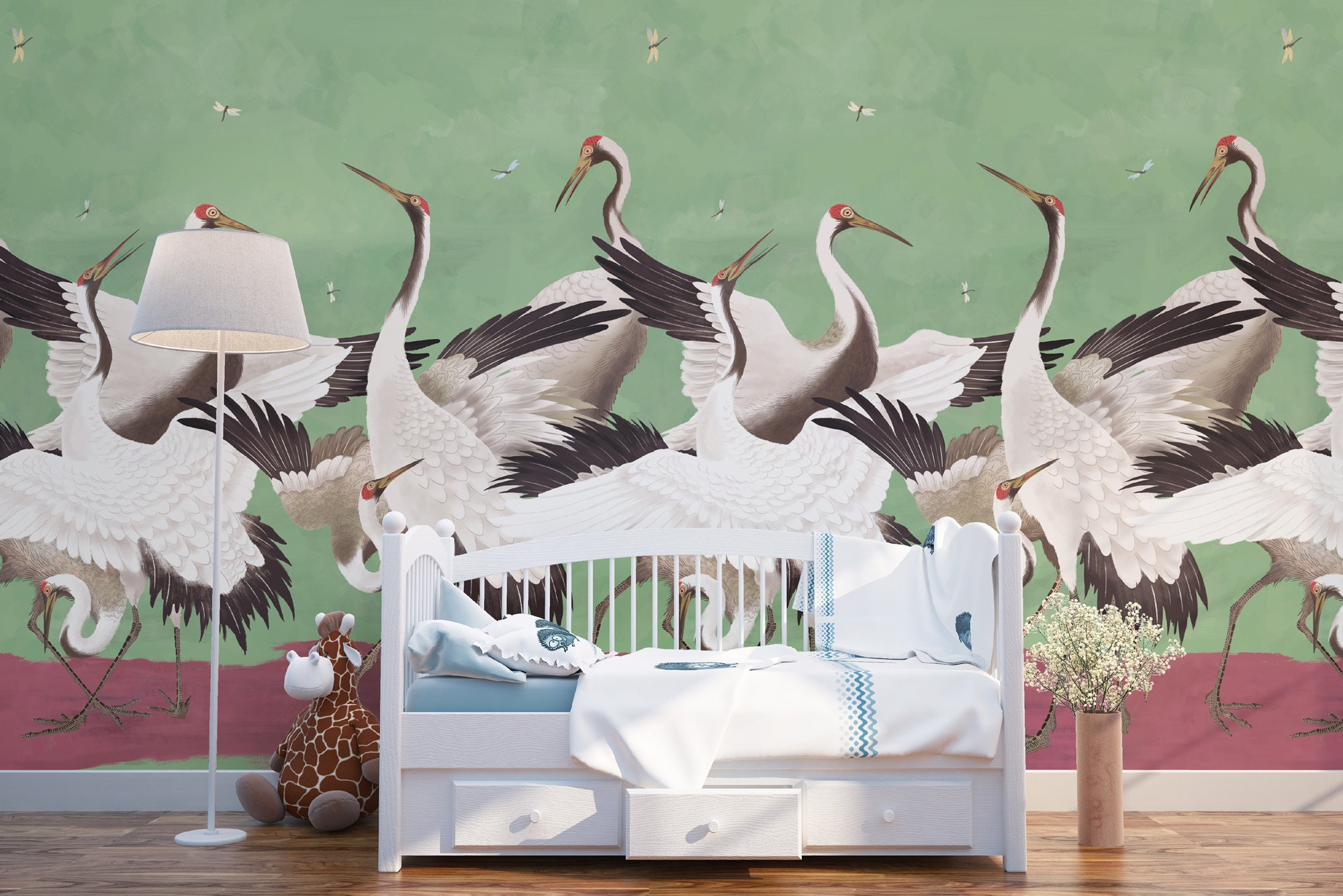 Heron Print Wallpaper, Removable Peel and Stick Mural, Japanese