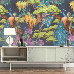 Papier peint aquarelle florale paon, Autocollant mural vintage amovible, Décoration de style chinois, Fresque murale réutilisable et repositionnable
