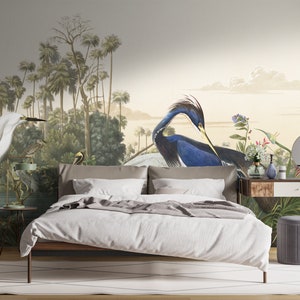 Heron Wallpaper, Crane Wallpaper, Removable Wallpaper, Peel and Stick or Traditional Wallpaper, John James Audubon Print, Tropical Wallpaper image 2