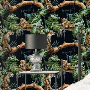 Leopard in Tree Wallpaper - Removable Wallpapers - Jungle Monstera Wallpaper - Self Adhesive Wall Decal - Temporary Peel and Stick Wall Art