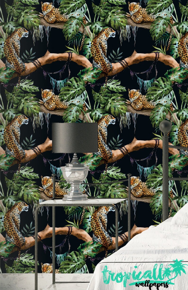 Leopard in Tree Wallpaper Removable Wallpapers Jungle Etsy