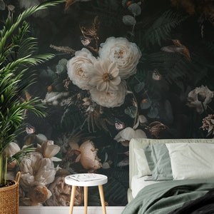 Dark Blossom Mural - Carta da parati floreale - Carta da parati Peonia fiori scuri - Carta da parati floreale grande - Carta da parati rimovibile - Carta da parati tropicale
