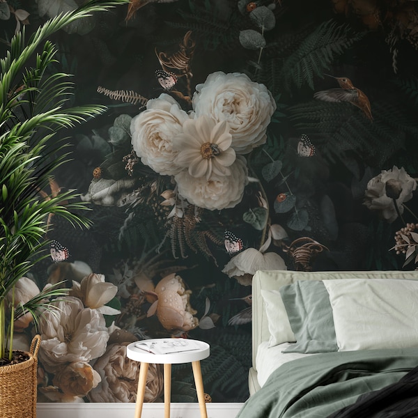 Dark Blossom Mural - Papier peint floral - Fond d’écran pivoine Fleurs foncées - Grand papier peint floral - Papier peint amovible - Papier peint tropical