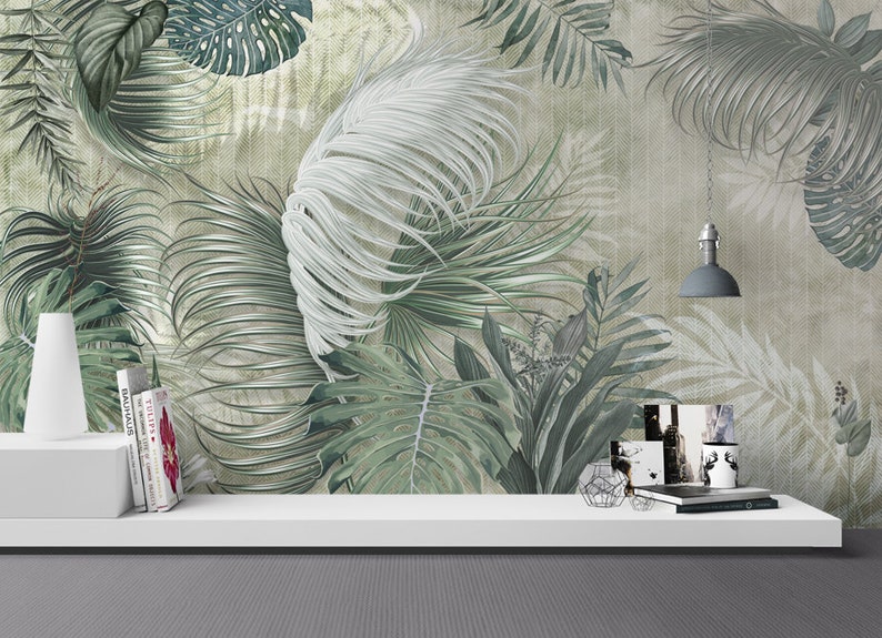 Seamless floral palm leaf wallpaper, removable floral wall decals, tropical wallpaper wall stickers, floral wallpaper print, jungle mural image 4