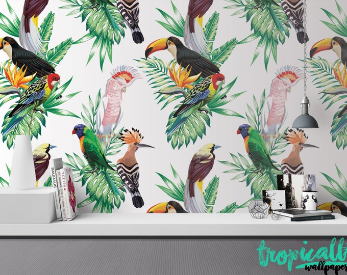 Toucan Wallpaper - Removable Wallpapers - Toucan Birds Floral Print Wallpaper - Self Adhesive Wall Decal - Temporary Peel and Stick Wall Art