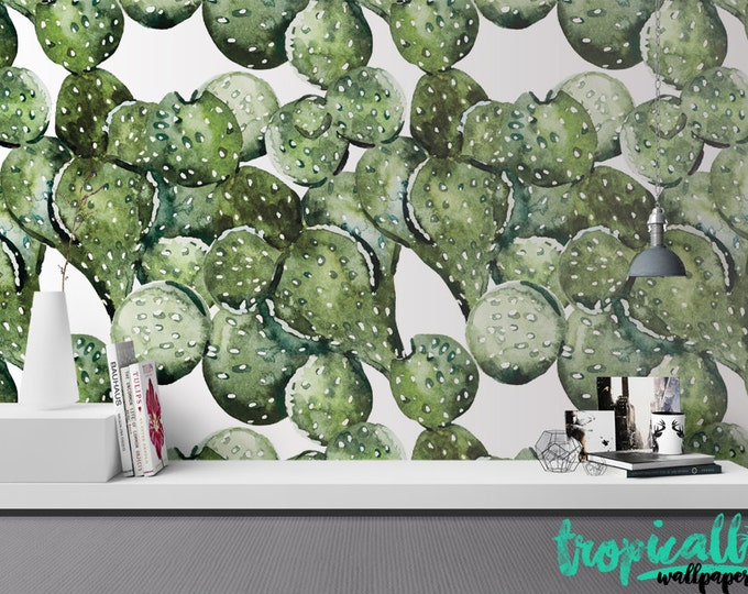 Watercolor Cactus Print Wallpaper - Removable Wallpapers - Floral Wallpaper - Self Adhesive Wall Decal - Temporary Peel and Stick Wall Art