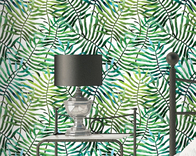 Palm Leaves Pattern Wallpaper - Removable Wallpaper - Tropical Plants and Flower Wallpaper - Exotic Wall Sticker - Tropical Wallpaper