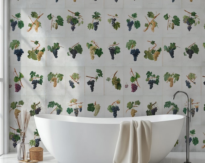 Vintage Grape Print Mural Wallpaper - Removable Peel and Stick Wall Decal with Tropical Grapevine Design