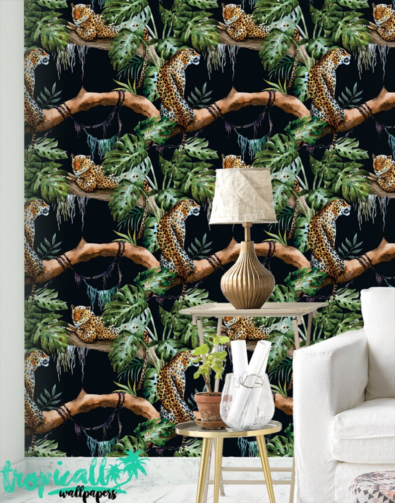 Leopard in Tree Wallpaper Removable Wallpapers Jungle Etsy