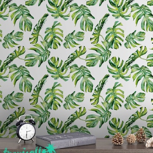 Monstera Leaf Wallpaper - Removable Wallpapers - Floral Watercolor Wallpaper - Self Adhesive Wall Decal - Temporary Peel and Stick Wall Art