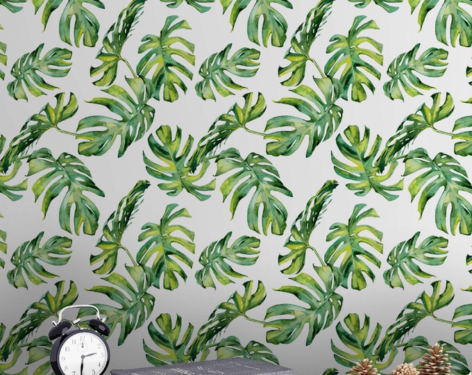 Monstera Leaf Wallpaper - Removable Wallpapers - Floral Watercolor Wallpaper - Self Adhesive Wall Decal - Temporary Peel and Stick Wall Art