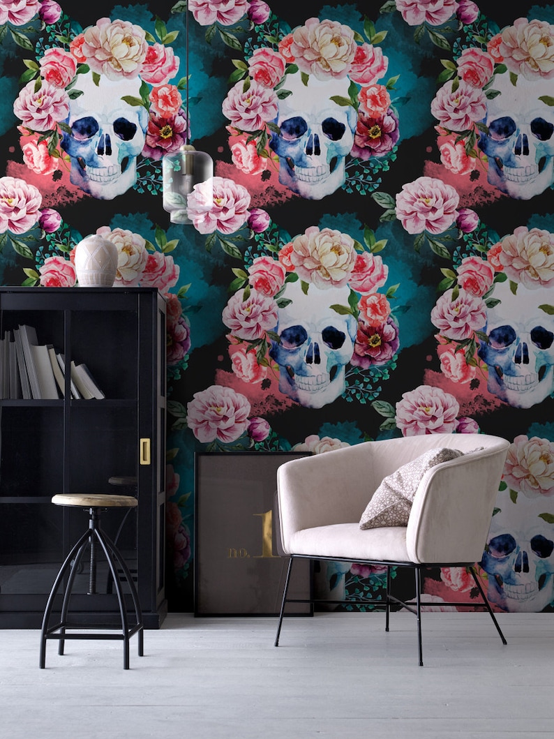 Papier peint amovible têtes de mort et fleurs Tête de mort Etsy Nederland