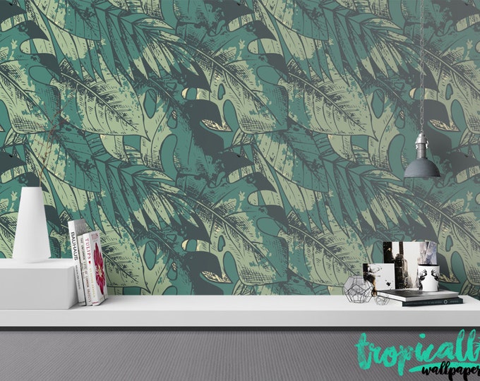 Monstera Leaves Wallpaper - Removable Wallpapers - Banana Print Wallpaper - Self Adhesive Wall Decal - Temporary Peel and Stick Wall Art