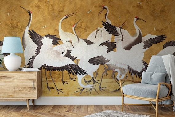 Golden Cranes Wallpaper Removable Peel and Stick Mural | Etsy