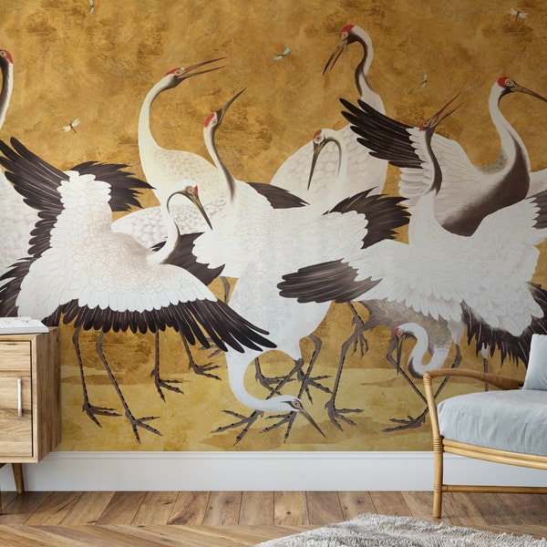 Golden Cranes Wallpaper, Removable Peel and Stick Mural, Japanese Heron Chinoiserie Inspired Crane Wallpaper, Temporary Self Adhesive Herons