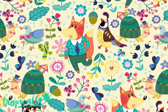Forest Fox White Pattern Wallpaper Removable Kids Wallpaper Etsy