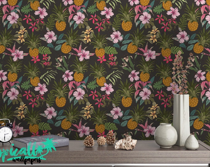 Tropical Pineapple Pattern Wallpaper - Removable Wallpaper - Tropical Plants and Flower Wallpaper - Exotic Wall Sticker - Tropical Wallpaper