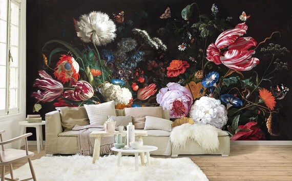 Dark Floral Oil Painting Mural, Dutch Painting Wallpaper, Dark  