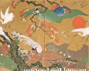 Japanese Crane Wallpaper | Gold Scenic Byobu Wall Mural