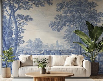 Delft Tile Blue Landscape Mural