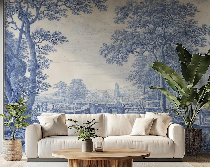 Delft Tile Blue Landscape Mural