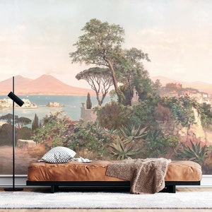 Panoramic Wall Art Mural, Removable Peel and Stick or Non-Woven Wallpaper, Vintage Italian Bay Panoramic Landscape Painting, Scenic Mural