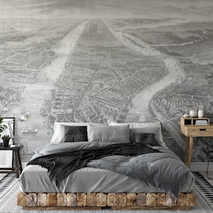 Vintage New York City Wandbild, Grisaille Tapete, Cityscape Wand dekor, selbstklebende Peel and Stick oder non-woven abnehmbare Tapete
