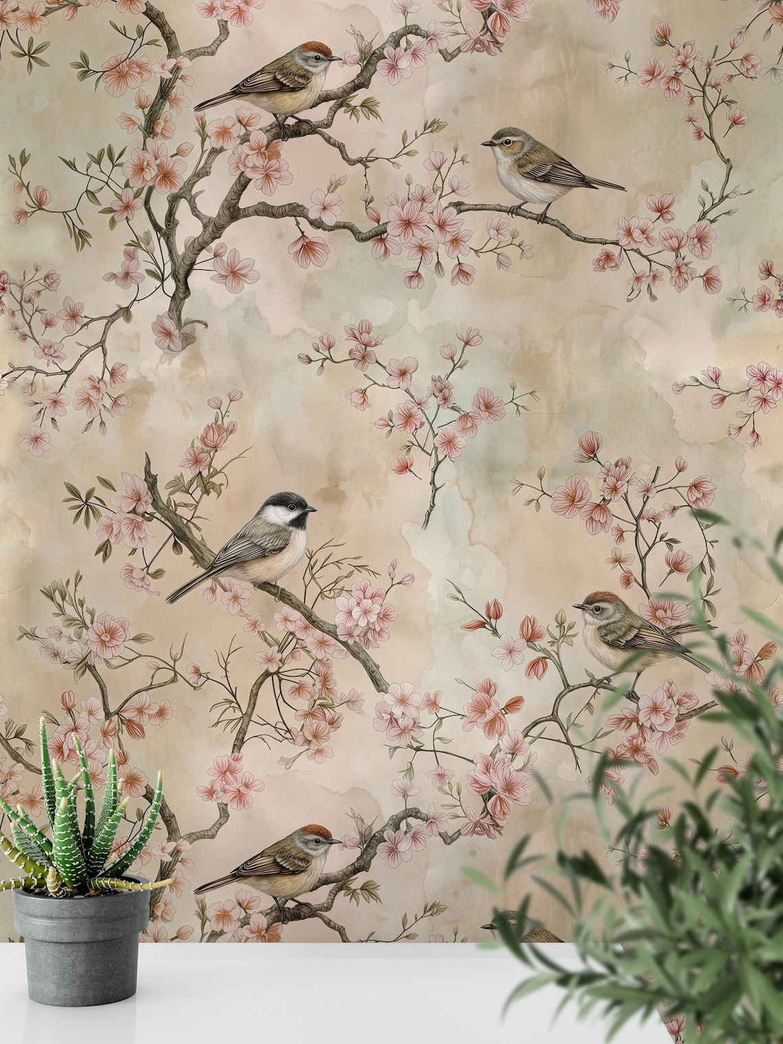 Elegant Chinoiserie Cherry Blossom Wall Mural: Soft Pastel Birds ...