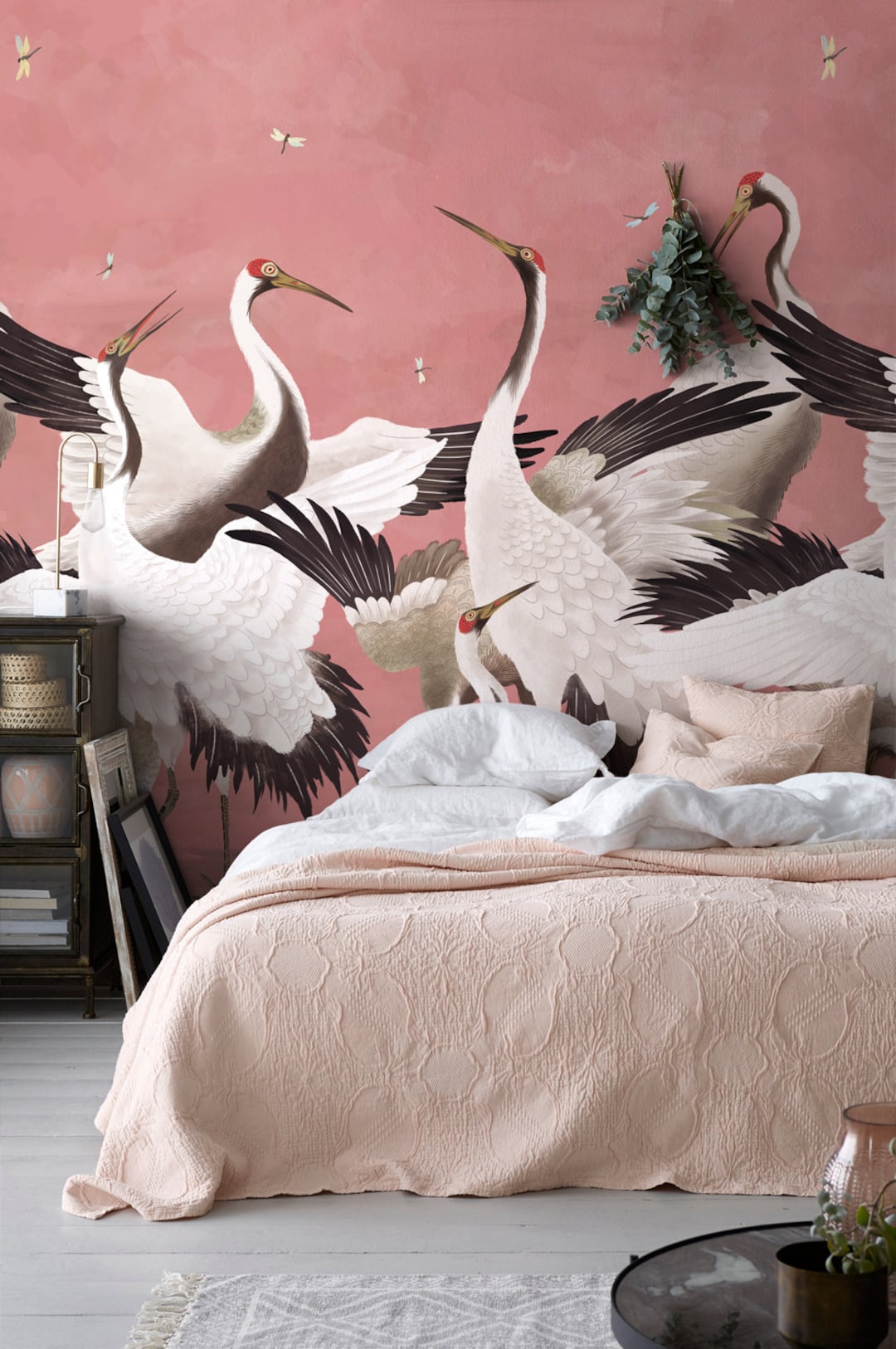 Heron Print Wallpaper, Removable Peel and Stick Mural, Japanese Crane