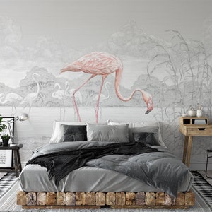 Flamingo Print Wallpaper, Removable Peel and Stick Mural, Monochrome Pink chinoiserie Inspired Wallpaper, Temporary Self Adhesive Wallpaper