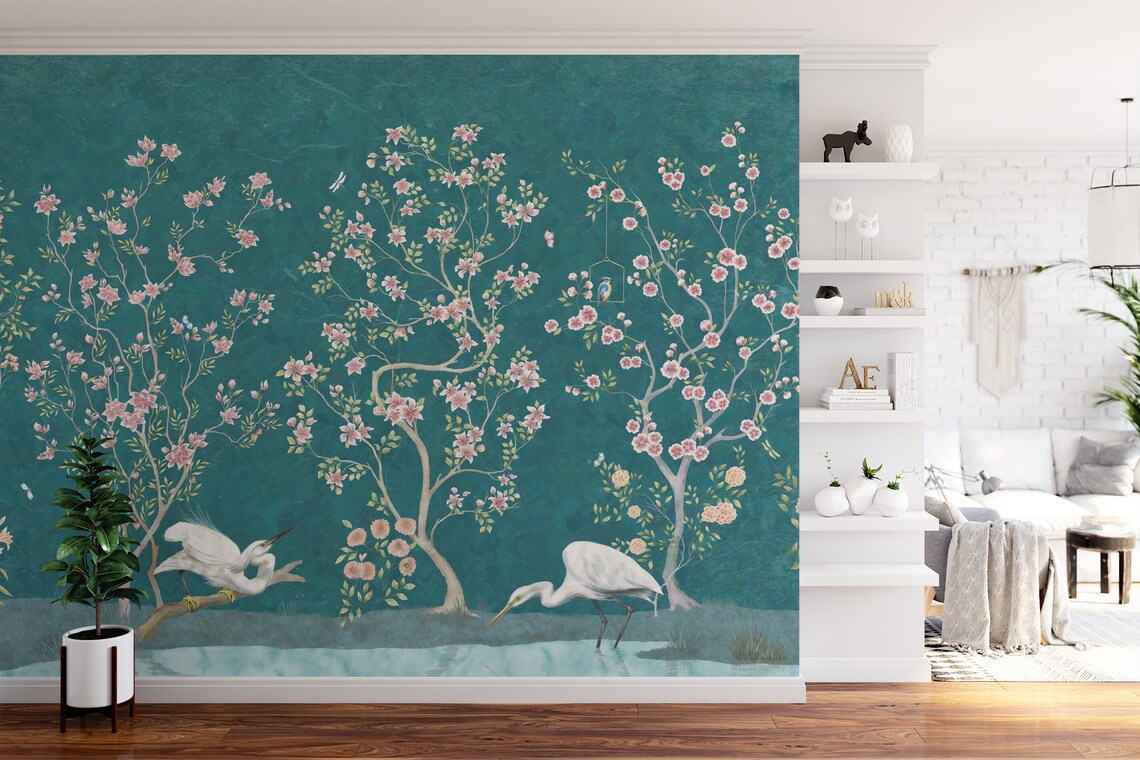 Chinoiserie Removable Wallpaper Peel and Stick Mural Floral Etsy
